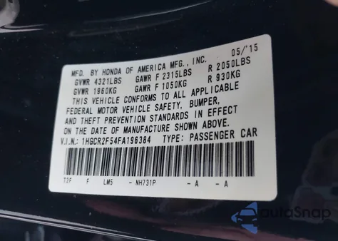 2015 Honda Accord Sport z USA, uszkodzony, nr VIN 1HGCR2F54FA196384